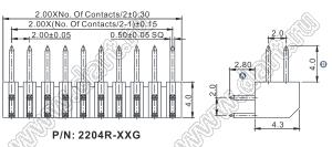 2204R-04G (2x2) вилка открытая угловая двухрядная на плату с увеличенным изолятором для монтажа в отверстия, шаг 2,00 x 2,00 мм, 4 конт.