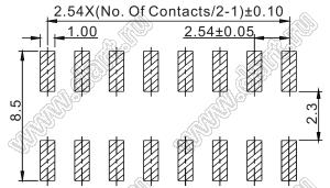 2213SMDI-10G (PLHD-10S) вилка открытая прямая двухрядная с двойным изолятором на плату для поверхностного (SMD) монтажа, шаг 2,54 x 2,54 мм,2x5 конт.