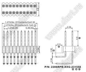 2206RPB-054G вилка открытая угловая двухрядная на плату для монтажа в отверстия; шаг 1,27 x 2,54 мм; (2x27) конт.