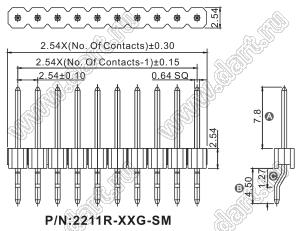 2211R-23G-SM вилка открытая прямая однорядная на плату для поверхностного (SMD) монтажа; шаг 2,54мм; 23-конт.