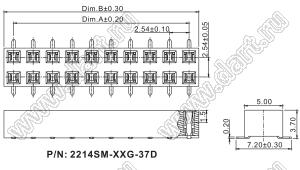 2214SM-18G-37D розетка двухрядная прямая (гнездо) на плату для поверхностного (SMD) монтажа, высота изолятора 3,7 мм, шаг 2,54 мм, 2х9 конт.