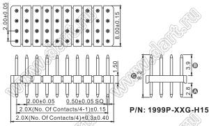 1999P-036G-H15 вилка открытая прямая четырехрядная на плату для монтажа в отверстия, шаг 2,00 x 2,00 мм; А=2,8мм, В=3,9мм, С=8,2мм, 4х9 конт.