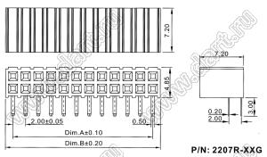 2207R-30G (PBD2-30R) розетка угловая двухрядная (гнездо) на плату для монтажа в отверстия, шаг 2,00 x 2,00 мм, 2х15конт.