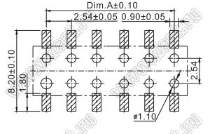 2214SM-44G-37D розетка двухрядная прямая (гнездо) на плату для поверхностного (SMD) монтажа, высота изолятора 3,7 мм, шаг 2,54 мм, 2х22 конт.