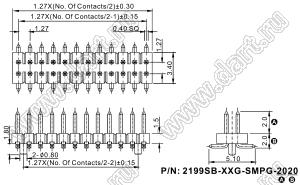 2199SB-20G-SMPG-2020 вилка двухрядная прямая SMD, шаг 1,27x1,27мм, 2x10конт. с направляющими в плату