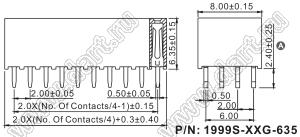 1999S-128G-635 розетка прямая четырехрядная (гнездо) на плату для монтажа в отверстия, шаг 2,00 x 2,00 мм, высота изолятора 6,35мм, 4х32 конт.