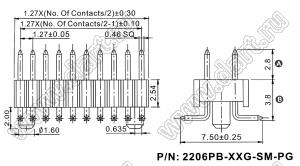 2206PB-44G-SM-PG вилка открытая прямая двухрядная с направляющими на плату для поверхностного (SMD) монтажа, шаг 1,27x2,54мм, 2x22конт.