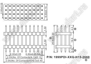 1999PDI-028G-H15-2660 вилка открытая прямая с двойным изолятором четырехрядная на плату для монтажа в отверстия, шаг 2,00 x 2,00 мм; А=3,0мм, В=19,6мм, С=4,0мм, D=26,6мм, 4х7 конт.