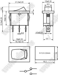 KCD1-B2-102O81BBA переключатель клавишный ON-ON; 21,0х15,0мм; 6A 250VAC/10A 125VAC; толкатель черный/корпус черный; без подсветки;  маркировка - нет; терминалы 4,8x0,8мм