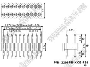 2206PB-016G-739 вилка открытая прямая двухрядная на плату для монтажа в отверстия; 16-конт.; P=1,27x2,54мм
