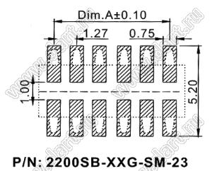 2200SB-044G-SM-23 розетка прямая двухрядная (гнездо) для поверхностного (SMD) монтажа на плату; шаг 1,27мм; P 1,27x1,27мм; 2x22-конт.