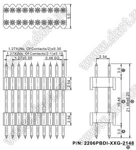 2206PBDI-056G-2148 вилка открытая прямая двухрядная с двойным изолятором на плату для монтажа в отверстия; 56-конт.; P=1,27x2,54мм