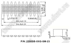 2200SB-064G-SM-23 розетка прямая двухрядная (гнездо) для поверхностного (SMD) монтажа на плату; шаг 1,27мм; P 1,27x1,27мм; 2x32-конт.