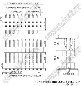 2191SMDI-072G-19150-CP вилка открытая прямая приподнятая двухрядная на плату для поверхностного (SMD) монтажа с захватом; шаг 1,00 x 1,00 мм; (2x36) конт.