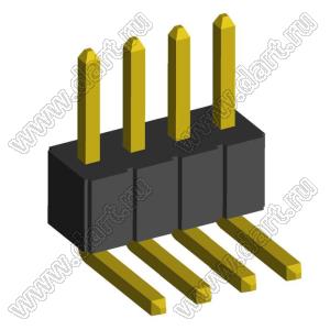 2199RA-04G-302523 (PLL1.27R-4) вилка штыревая открытая угловая однорядная на плату для монтажа в отверстия, шаг 1,27мм, 1x4 конт.