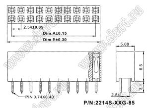 2214S-76G-85 (PBD-76) розетка двухрядная прямая (гнездо) на плату для монтажа в отверстия, высота изолятора 8,5 мм; шаг 2,54 x 2,54 мм; 2х38 конт.