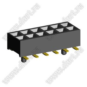 2207SM-12G-24-PG (2x6) розетка прямая двухрядная (гнездо) на плату для поверхностного (SMD) монтажа, шаг 2,00 x 2,00 мм, высота 2,4 мм, 2x6 конт. с направляющими в плату