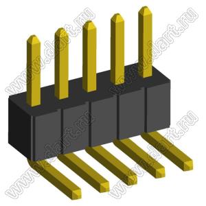2199RA-05G-302523 (PLL1.27R-5) вилка штыревая открытая угловая однорядная на плату для монтажа в отверстия, шаг 1,27мм, 1x5 конт.