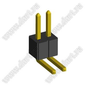 2199RA-02G-302523 (PLL1.27R-2) вилка штыревая открытая угловая однорядная на плату для монтажа в отверстия, шаг 1,27мм, 1x2 конт.