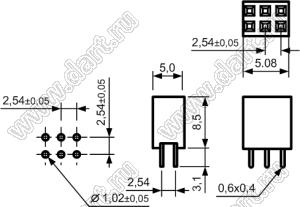 2214S-06G-85 (PBD-6) розетка двухрядная прямая (гнездо) на плату для монтажа в отверстия, высота изолятора 8,5 мм; шаг 2,54 x 2,54 мм; 2х3 конт.