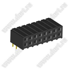 2207R-16G (PBD2-16R, DS1026-13-2X8S8BR) розетка угловая двухрядная (гнездо) на плату для монтажа в отверстия; шаг 2.00x2.00мм; 2x8-конт.