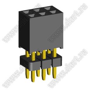 2207SDI-06G-935 розетка прямая двухрядная с двойным изолятором (гнездо) на плату для монтажа в отверстия, шаг 2,00 x 2,00 мм А=3,8мм, В=9,35мм, 2х3 конт.