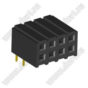 2207R-08G (PBD2-08R, DS1026-13-2X4S8BR) розетка угловая двухрядная (гнездо) на плату для монтажа в отверстия; шаг 2.00x2.00мм; 2x4-конт.