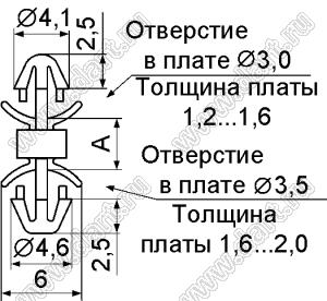 LCFO-6.4 фиксатор платы с двумя защелками; A=6,4мм; dп=3,0мм; s=1,2...2,0мм; d отв.=3,5мм; t=1,6...2,0мм; нейлон-66 (UL); натуральный