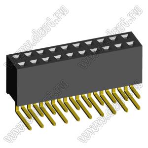 2214R-20G-85 (PBD-20R) розетка двухрядная угловая (гнездо) на плату для монтажа в отверстия, высота изолятора 8,5 мм; шаг 2,54 x 2,54 мм, 2х10 конт.