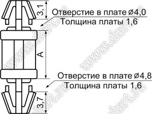 LCBM-3 фиксатор платы с двумя защелками; A=3,0мм; dп=4,0мм; s=1,6мм; d отв.=4,8мм; t=1,6мм; нейлон-66 (UL); натуральный