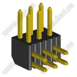 2204R-06G (2x3) вилка открытая угловая двухрядная на плату с увеличенным изолятором для монтажа в отверстия, шаг 2,00 x 2,00 мм, 6 конт.