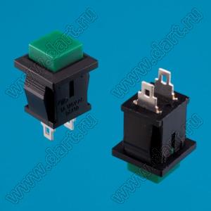 PB-02TFG (DS-431G) CLOSE переключатель кнопочный без фиксации ON-(OFF), 15х15мм, крепление защелка, нормально-замкнутые контакты, зеленый/черный