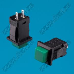 PB-02AG (DS-429AG) переключатель кнопочный с фиксацией OFF-ON, 15х15мм, крепление защелка, зеленый/черный