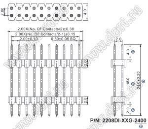 2208DI-32G-2400 (2x16) вилка открытая прямая двухрядная с двойным изолятором на плату для монтажа в отверстия, шаг 2,00 x 2,00 мм, А=2мм, В=18мм, С=4мм, 2х16 конт.