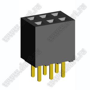 2214DS-06G-85 розетка розетка двухрядная прямая (гнездо) на плату для монтажа в отверстия, высота изолятора 8,5 мм; шаг 2,54 x 2,54 мм, шаг 2,54 мм, 2х3 конт.