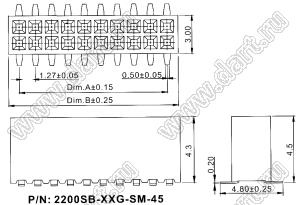 2200SB-074G-SM-45 Розетка прямая двухрядная (гнездо) для поверхностного (SMD) монтажа на плату, шаг 1,27x1,27мм, h=4,5мм; 2x37конт.