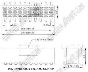 2200SB-44G-SM-36-PCP розетка прямая двухрядная (гнездо) на плату для поверхностного (SMD) монтажа с захватом, шаг 1,27x1,27мм, h=3,6мм; 2x22конт.