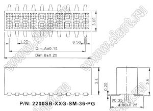 2200SB-68G-SM-36-PG розетка прямая двухрядная (гнездо) для поверхностного (SMD) монтажа с направляющими на плату, шаг 1,27x1,27мм, h=3,6мм; 2x34конт.