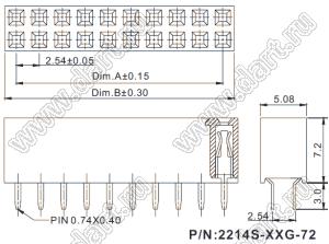 2214S-24G-72 розетка двухрядная прямая (гнездо) на плату для монтажа в отверстия, высота изолятора 7,2 мм, шаг 2,54x2,54 мм, 24 конт.