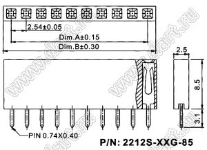 2212S-26G-85 (PBS-26) розетка однорядная прямая (гнездо) на плату для монтажа в отверстия, высота изолятора 8,5 мм, шаг 2,54 мм, 26 конт.