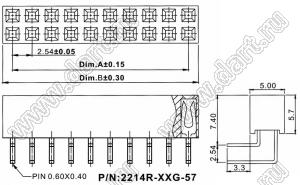 2214R-38G-57 розетка двухрядная угловая (гнездо) на плату для монтажа в отверстия, высота изолятора 5,7 мм; шаг 2,54 x 2,54 мм, 2х2 конт.