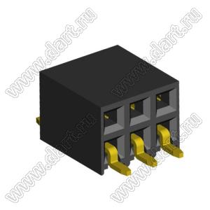 2214ВR-06G-SM (2259-0203ANG0MUT01) розетка с боковым входом двухрядная (гнездо) на плату для поверхностного (SMD) монтажа, шаг 2,54 x 2,54 мм, 2х3 конт.; шаг 2.54мм; P=2,54мм