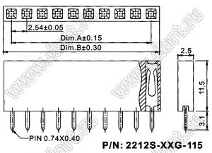 2212S-11G-115 розетка однорядная прямая (гнездо) на плату для монтажа в отверстия, высота изолятора 11,5 мм, шаг 2,54 мм, 11 конт.