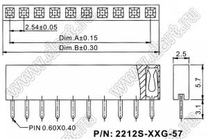2212S-37G-57 розетка однорядная прямая (гнездо) на плату для монтажа в отверстия, высота изолятора 5,7 мм, шаг 2,54 мм, 37 конт.