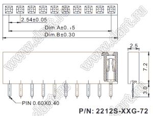 2212S-30G-72 розетка однорядная прямая (гнездо) на плату для монтажа в отверстия, высота изолятора 7,2 мм, шаг 2,54 мм, 30 конт.