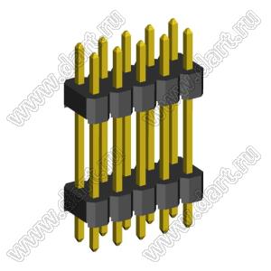 2213DI-10G-2100 (2x5) вилка штыревая открытая прямая с двойным изолятором двухрядная на плату для монтажа в отверстия; шаг 2.54мм; 2x5-конт.; L=21,0мм