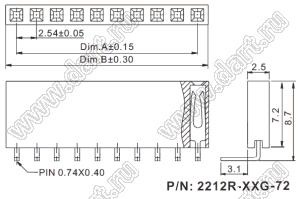 2212R-37G-72 розетка однорядная угловая на плату (гнездо) для монтажа в отверстия, высота изолятора 7,2 мм, шаг 2,54 мм, 37 конт.