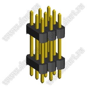 2233DI-009G-2616 (3x3) вилка открытая прямая с двойным изолятором трехрядная на плату для монтажа в отверстия, шаг 2,54 x 2,54 мм, 3х3 конт.