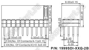 1999SDI-068G-2B розетка прямая четырехрядная с увеличенным изолятором (гнездо) на плату для монтажа в отверстия, шаг 2,00 x 2,00 мм, А=3,8мм, В=9,35мм, 4х17 конт.