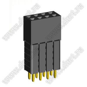 2207SDI-08G-5A розетка прямая двухрядная с увеличенным изолятором (гнездо) на плату для монтажа в отверстия, шаг 2,00 x 2,00 мм, А=2,3мм, В=13,85мм, 2х4 конт.